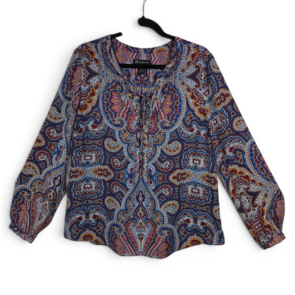 INC International Concepts Blue Paisley Lace Up Long Sleeve Blouse Womens 14